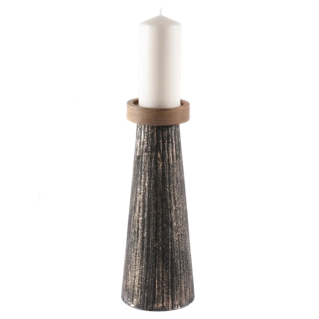Bougeoir pied métal noir et or coupelle bois MM