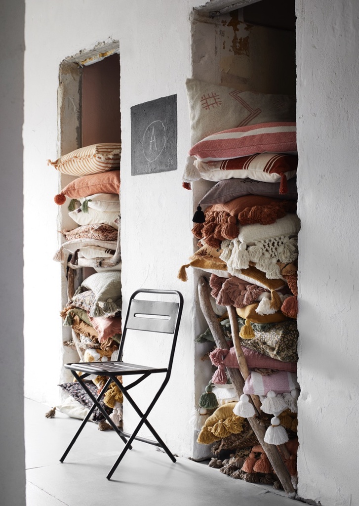 Coussin Chenille blanc et brick