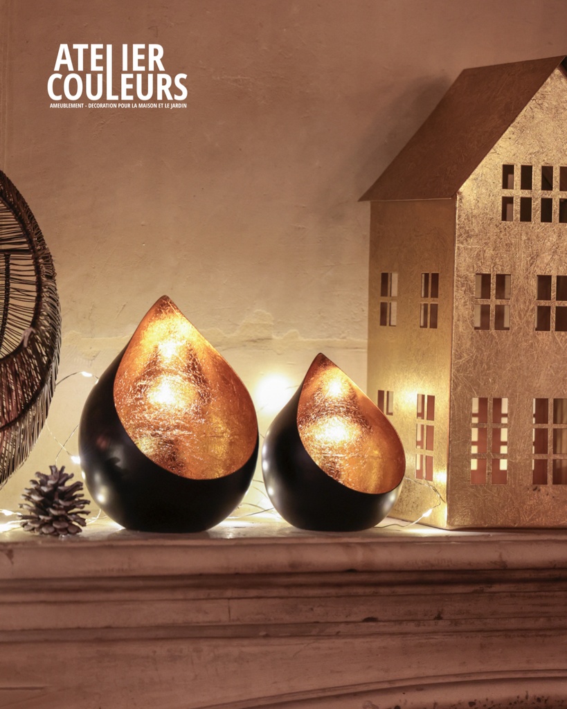 Photophore flamme métal noir intérieur doré set de 2