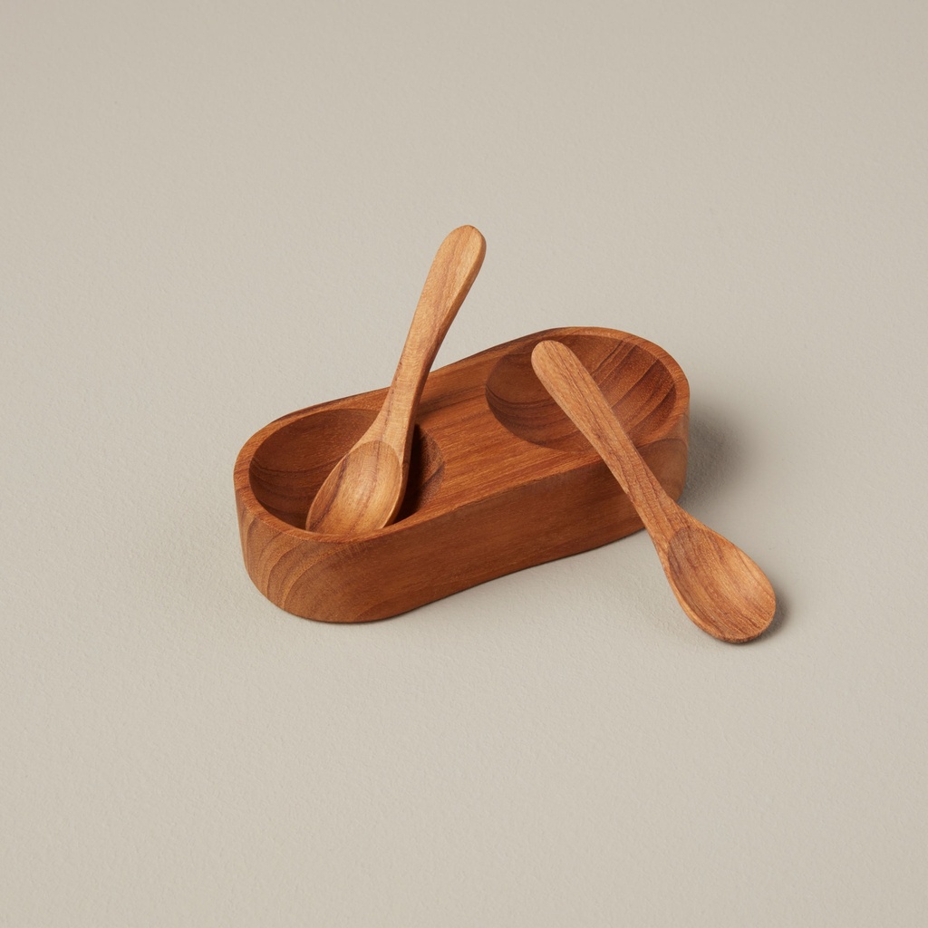 Salière poivrier teck avec 2 cuillères
