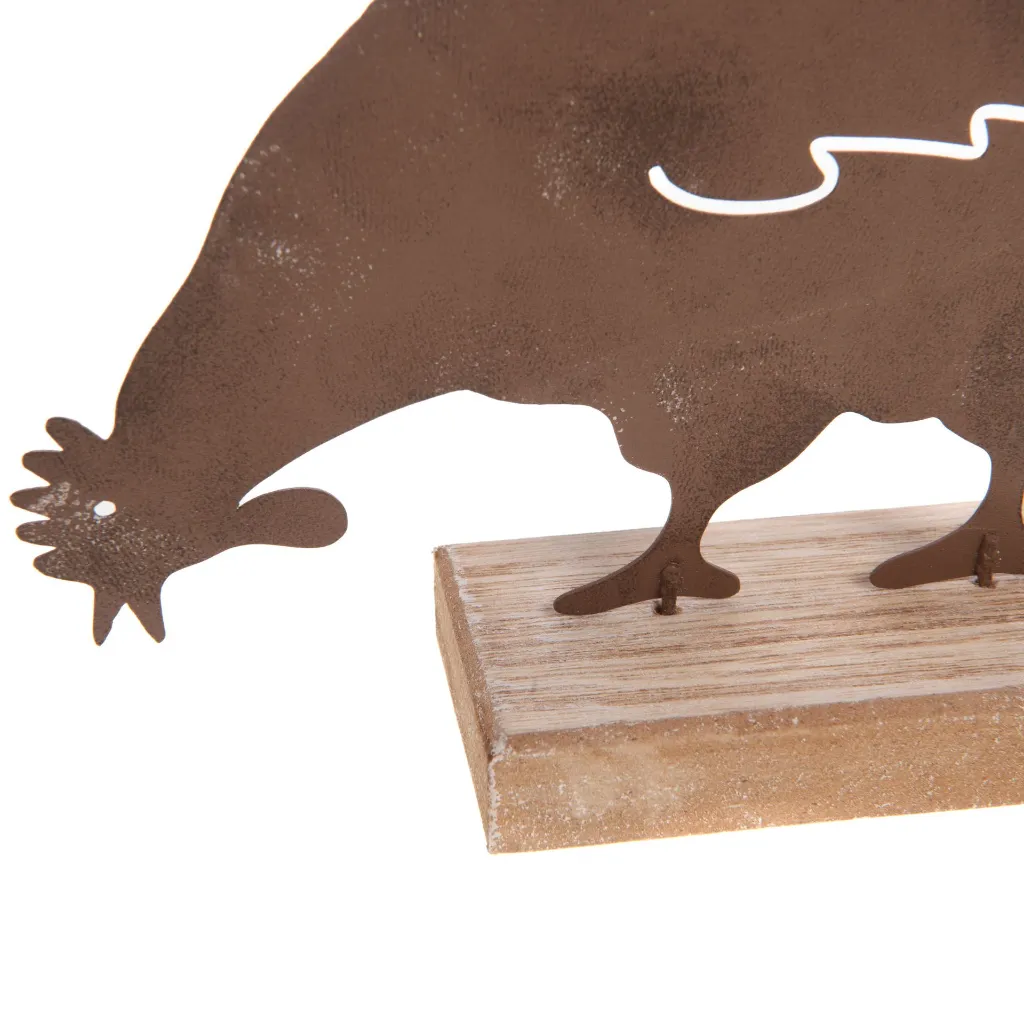 Poule décorative en métal rouille & socle bois | Objet déco rustique à poser 2.webp