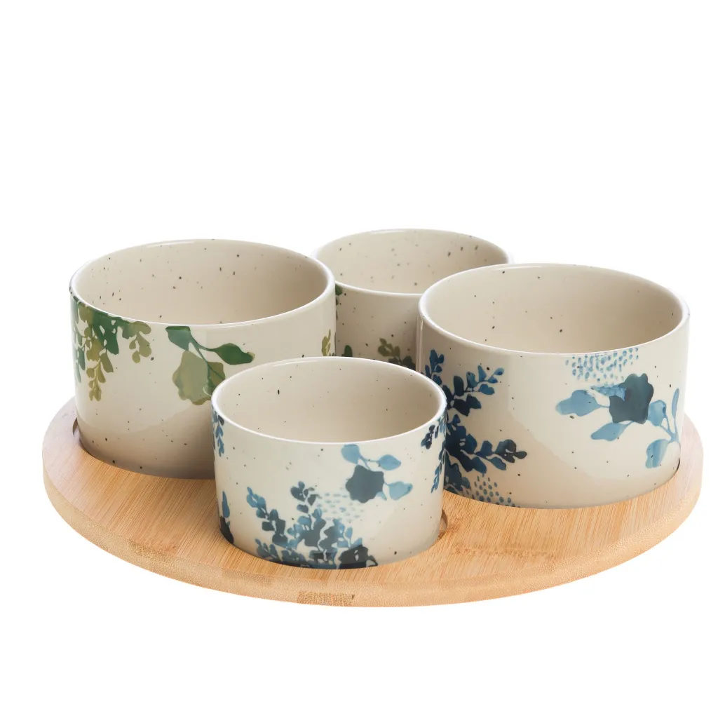 Ensemble apéritif 4 bols en grès & plateau bois | Service dégustation design floral 2.webp