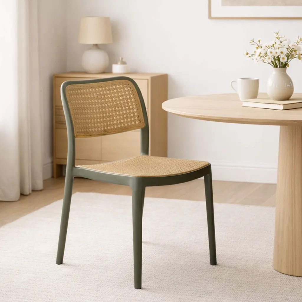 Chaise en polypropylène kaki – Dossier ajouré | Assise contemporaine légère & empilable 3.webp