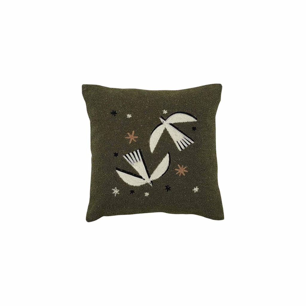 Coussin bouclette oiseaux vert