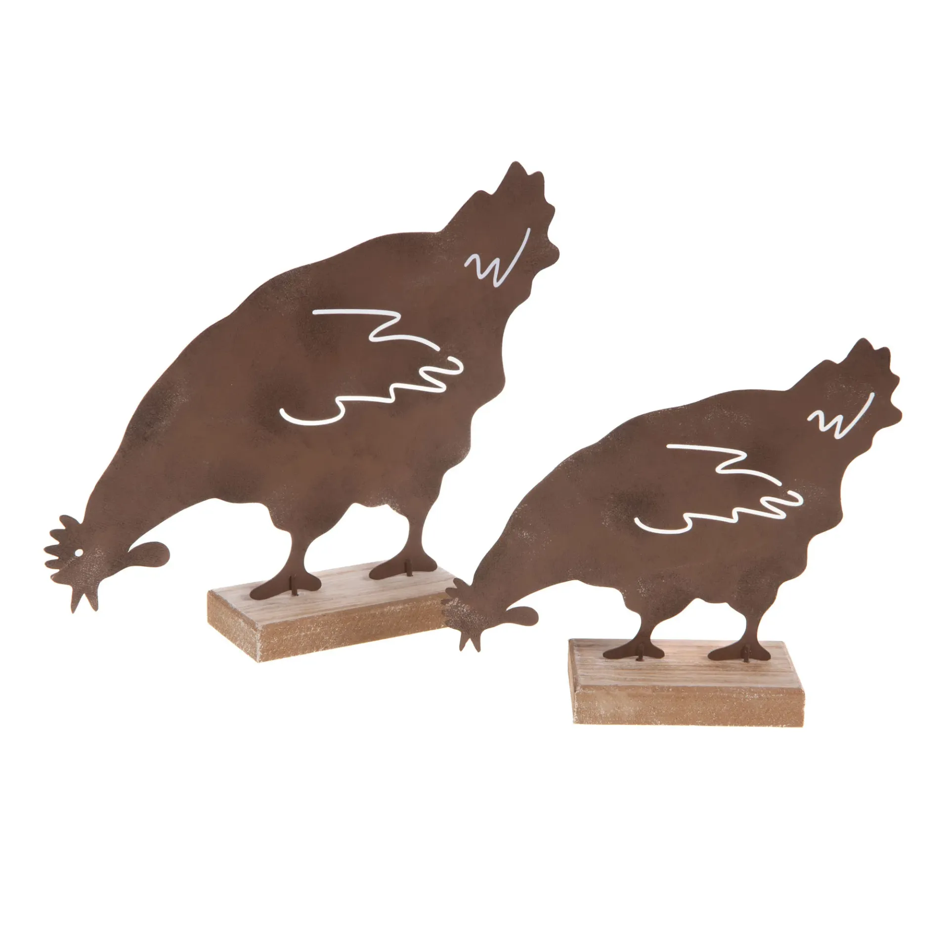 Set de 2 poules décoratives en métal rouille & socle bois | Déco rustique à poser