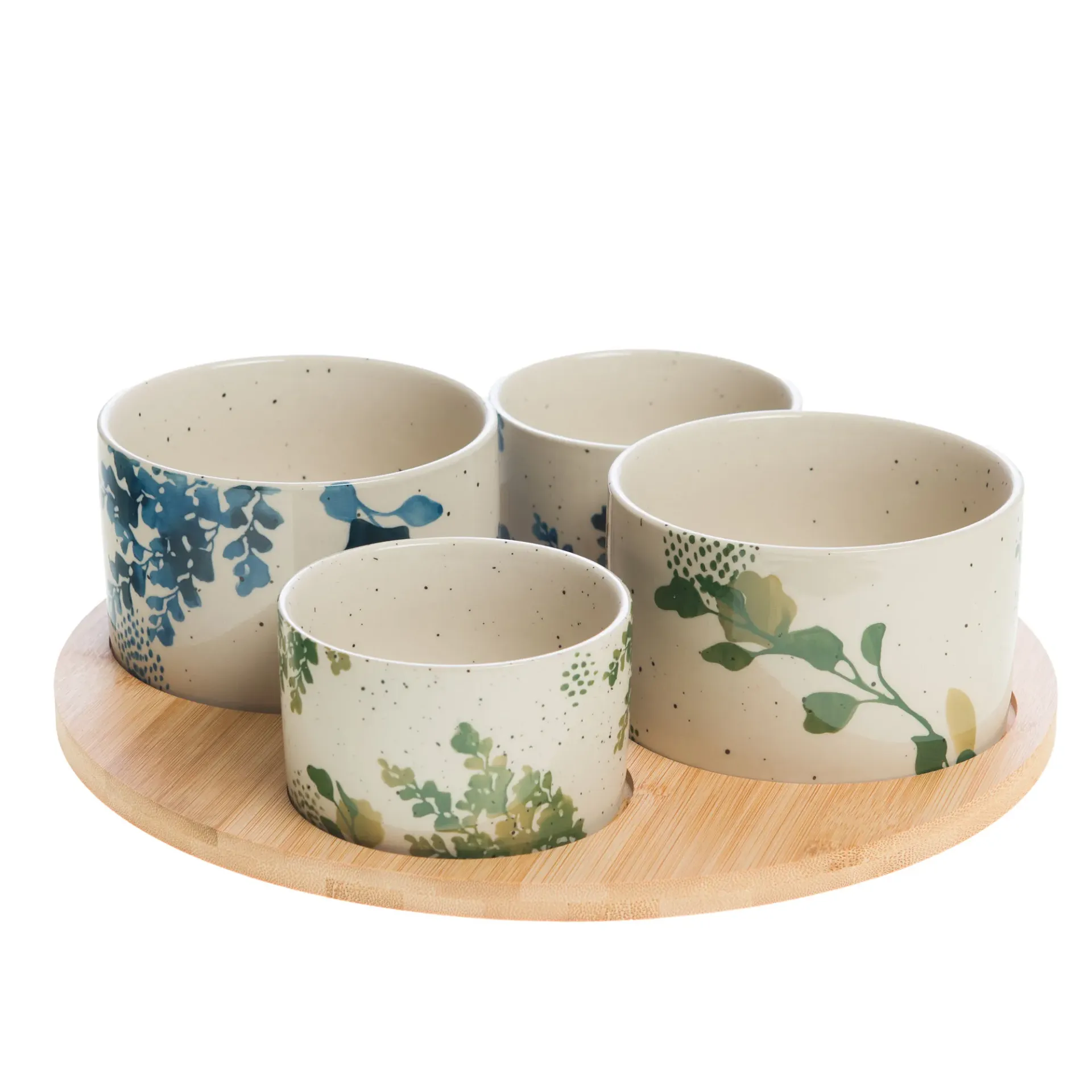 [AM000039] Ensemble apéritif 4 bols en grès & plateau bois | Service dégustation design floral