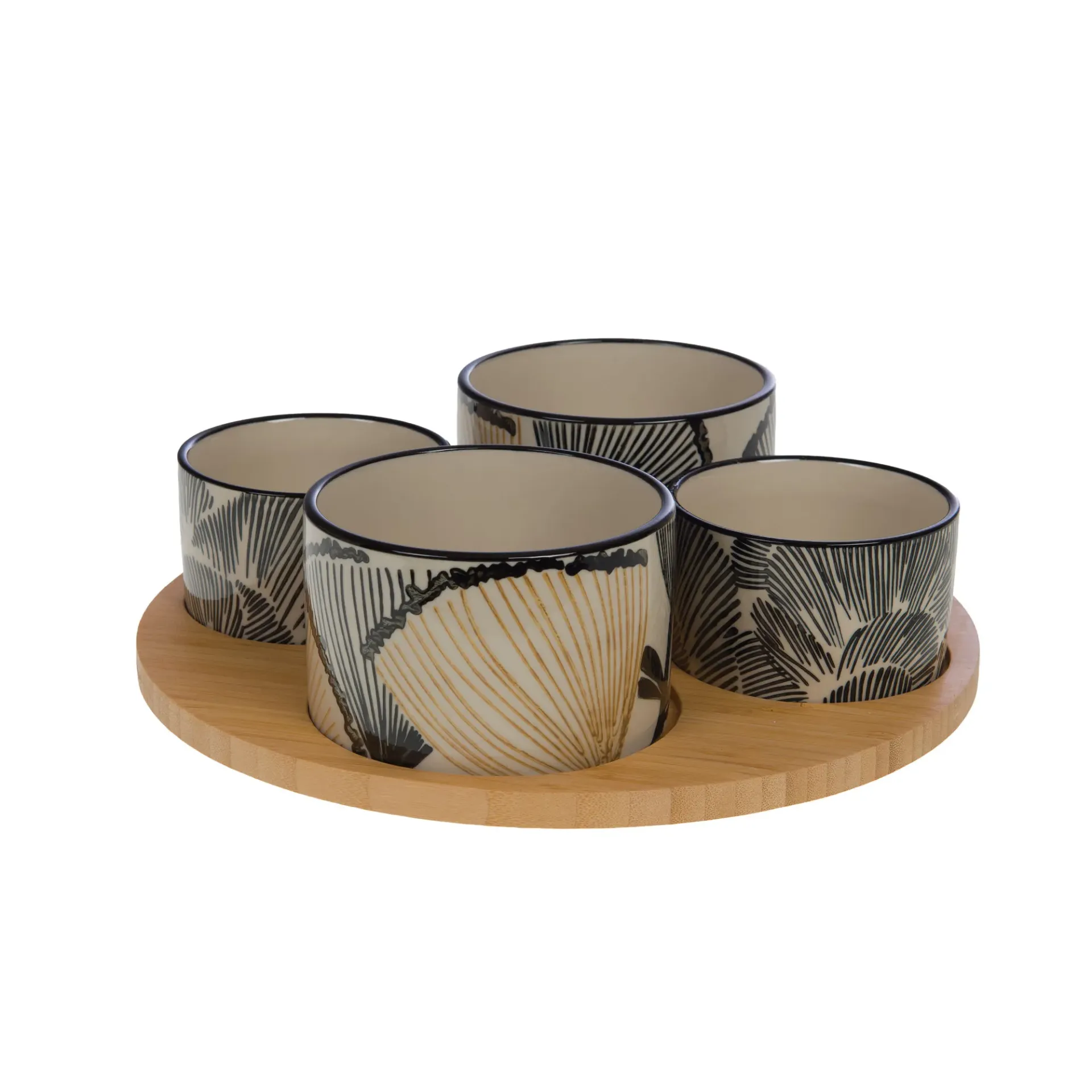 [AM000053] Ensemble apéritif 4 bols en grès & plateau bois | Service apéritif graphique noir & beige