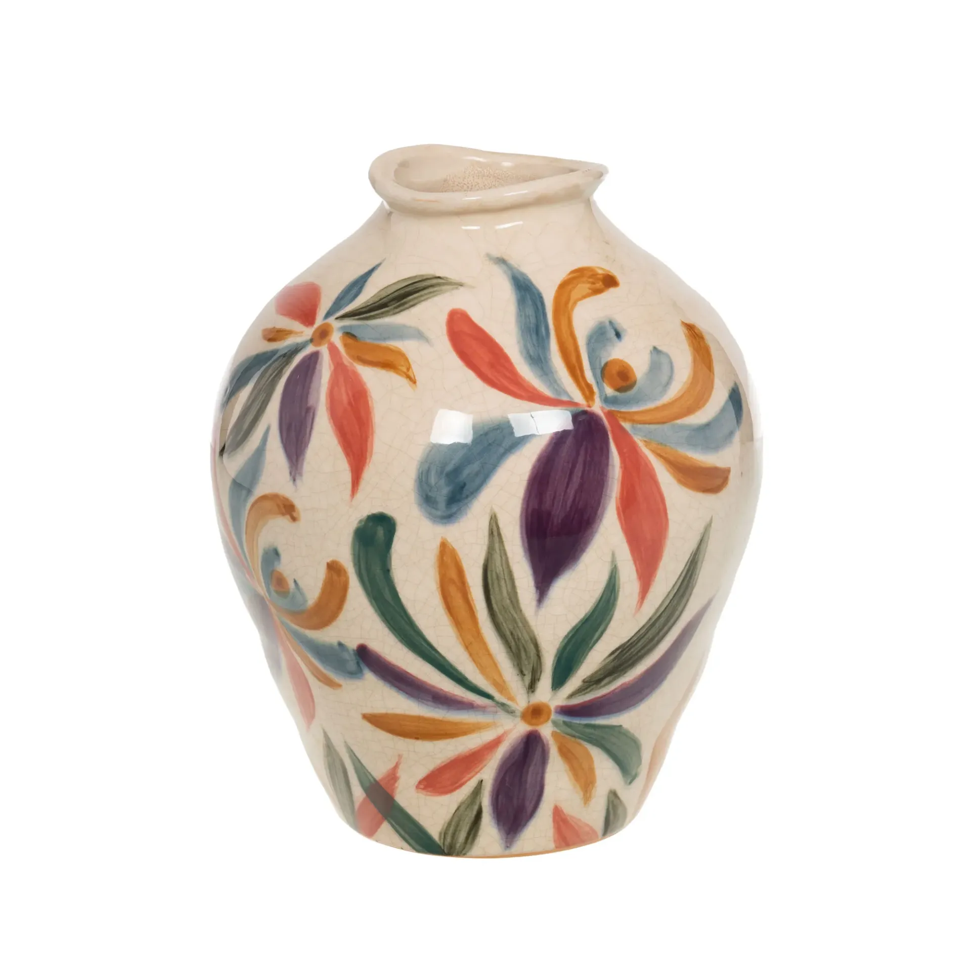 [AM000071] Vase en céramique émaillée peint main – Ø17 x H21 cm | Décor floral coloré & artisanal