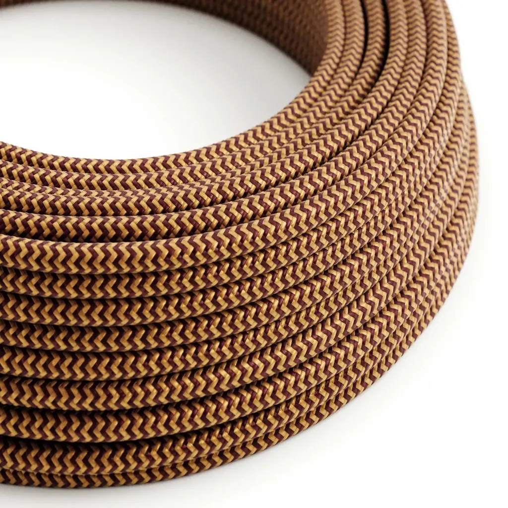 Câble textile Bordeaux et Or ZigZag brillant - L'Original Creative-Cables - RZ23 - rond 2 fils x 0,75mm au mètre