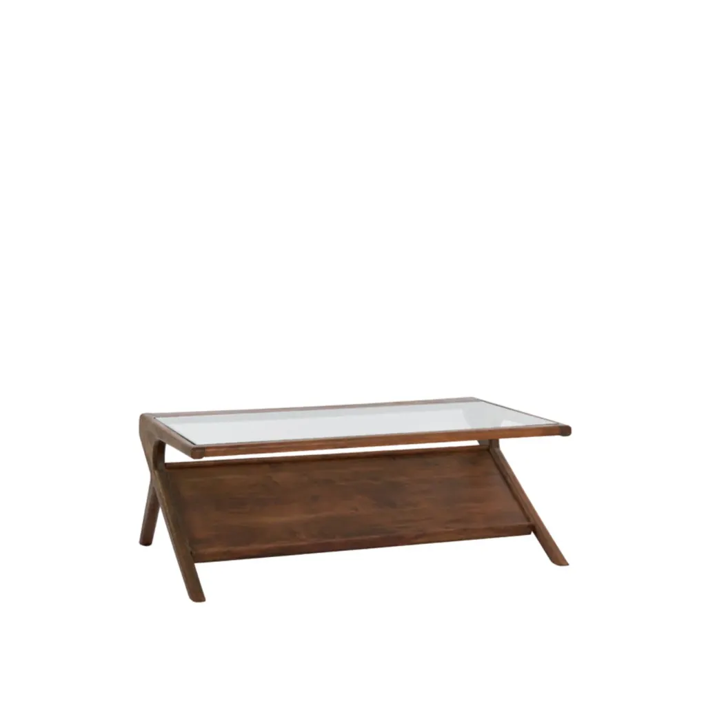 Table de salon YUKO en bois acacia brun foncé et verre